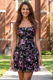 Floral Black Spaghetti Straps A Line Homecoming Dress