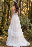 V-Neck A Line Lace Tiered White Boho Wedding Dress