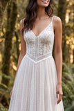 V-Neck A Line Lace Tiered White Boho Wedding Dress
