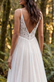V-Neck A Line Lace Tiered White Boho Wedding Dress