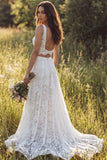 V-Neck A Line Lace 2-piece White Boho Wedding Dress With Slit