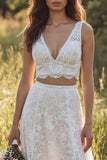 V-Neck A Line Lace 2-piece White Boho Wedding Dress With Slit