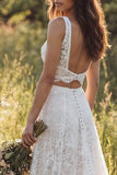V-Neck A Line Lace 2-piece White Boho Wedding Dress With Slit