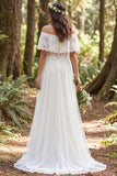 Off The Shoulder A Line Lace White Boho Wedding Dress