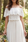 Off The Shoulder A Line Lace White Boho Wedding Dress