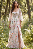 Square Neck Corset 3/4 Sleeve A Line White Floral Wedding Dress