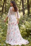 Square Neck Corset 3/4 Sleeve A Line White Floral Wedding Dress