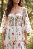 Square Neck Corset 3/4 Sleeve A Line White Floral Wedding Dress