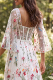 Square Neck Corset 3/4 Sleeve A Line White Floral Wedding Dress