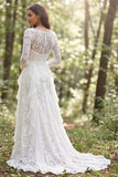 White Lace A Line Ruffled Long Sleeve Boho Wedding Dress With Slit