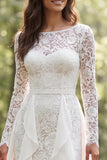 White Lace A Line Ruffled Long Sleeve Boho Wedding Dress With Slit