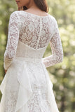 White Lace A Line Ruffled Long Sleeve Boho Wedding Dress With Slit
