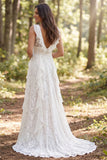 V-Neck Ruffled A Line Lace White Boho Wedding Dress With Slit