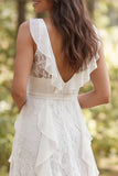 V-Neck Ruffled A Line Lace White Boho Wedding Dress With Slit