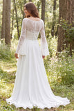 Long Sleeve A Line Ruffled Lace White Boho Wedding Dress