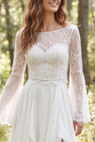 Long Sleeve A Line Ruffled Lace White Boho Wedding Dress