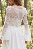 Long Sleeve A Line Ruffled Lace White Boho Wedding Dress