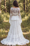 A Line 2-piece Ruffled Lace White Boho Wedding Dress With Long Sleeves