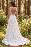 A Line Lace V-Neck White Boho Wedding Dress
