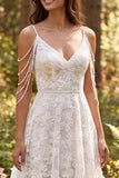 A Line Lace V-Neck White Boho Wedding Dress