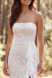 Strapless Mermaid Ruffled Lace White Boho Wedding Dress