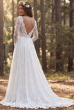 A Line Long Sleeve V-Neck Lace White Boho Wedding Dress