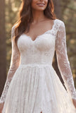 A Line Long Sleeve V-Neck Lace White Boho Wedding Dress