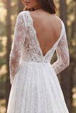 A Line Long Sleeve V-Neck Lace White Boho Wedding Dress