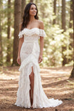 Off The Shoulder Mermaid Ruffled Lace White Boho Wedding Dress