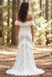 Off The Shoulder Mermaid Ruffled Lace White Boho Wedding Dress