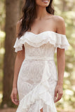 Off The Shoulder Mermaid Ruffled Lace White Boho Wedding Dress