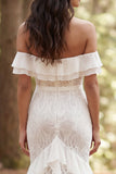 Off The Shoulder Mermaid Ruffled Lace White Boho Wedding Dress