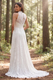 Illusion Neck A Line Ruffled Lace White Boho Wedding Dress