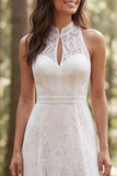 Illusion Neck A Line Ruffled Lace White Boho Wedding Dress