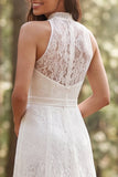 Illusion Neck A Line Ruffled Lace White Boho Wedding Dress