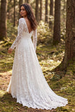 V-Neck Long Sleeve A Line Lace White Boho Wedding Dress