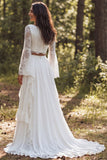 A Line Ruffled Lace White Boho Wedding Dress With Long Sleeves