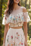 A Line 2-piece White Cold Shoulder Floral Wedding Dress