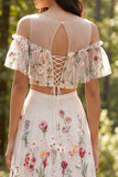 A Line 2-piece White Cold Shoulder Floral Wedding Dress