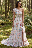 One Shoulder A Line White Floral Wedding Dress With Bow