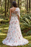 One Shoulder A Line White Floral Wedding Dress With Bow