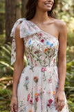 One Shoulder A Line White Floral Wedding Dress With Bow