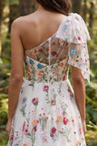 One Shoulder A Line White Floral Wedding Dress With Bow
