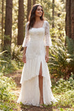 Square Neck A Line Lace White Boho Wedding Dress With 3/4 Sleeves