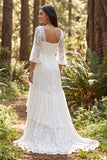 Square Neck A Line Lace White Boho Wedding Dress With 3/4 Sleeves