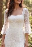 Square Neck A Line Lace White Boho Wedding Dress With 3/4 Sleeves