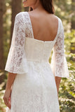Square Neck A Line Lace White Boho Wedding Dress With 3/4 Sleeves