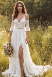 V-Neck A Line 2-piece White Lace Boho Wedding Dress