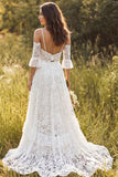 V-Neck A Line 2-piece White Lace Boho Wedding Dress
