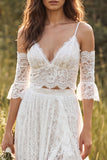 V-Neck A Line 2-piece White Lace Boho Wedding Dress